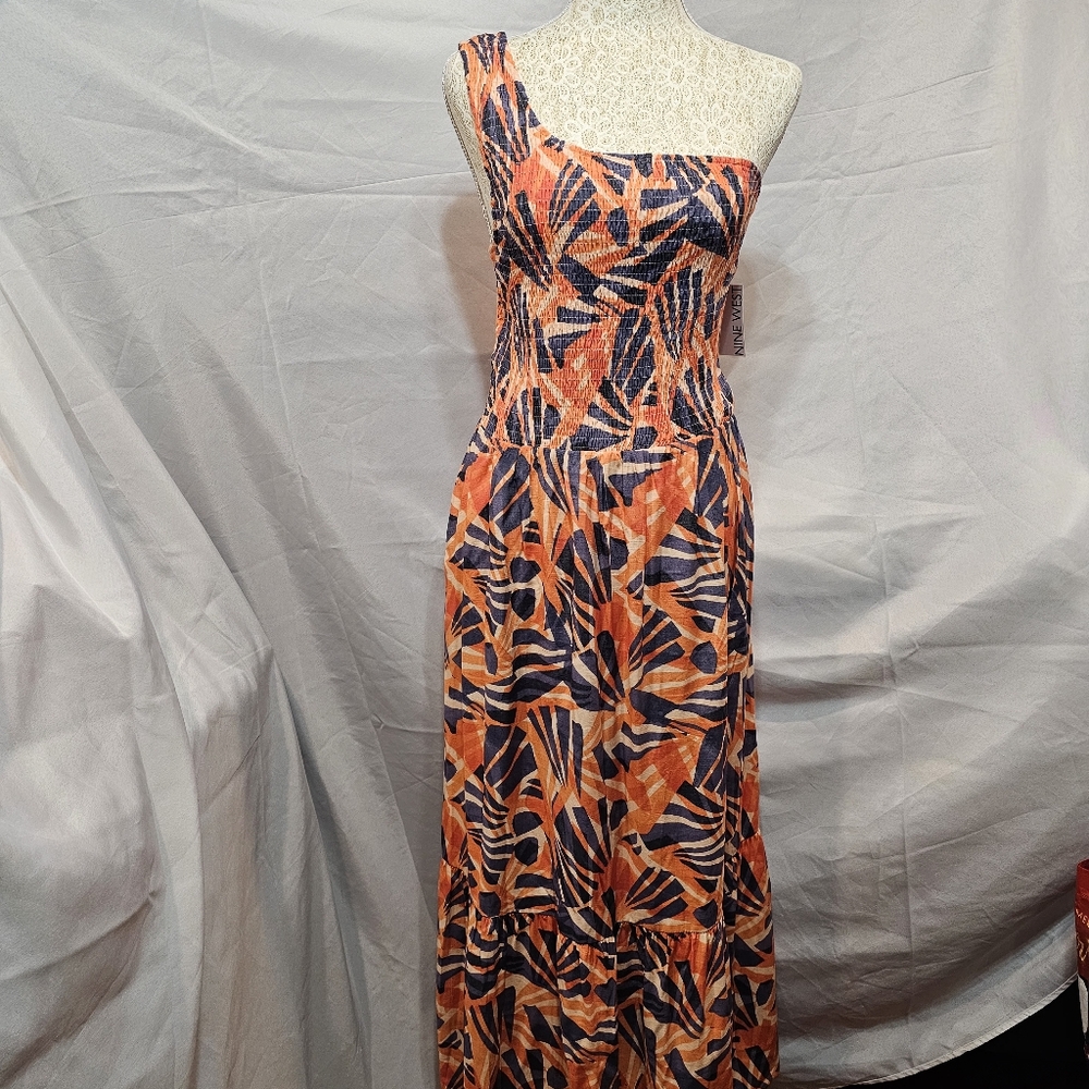 Nine West Orange and Blue Abstract One Shoulder Maxi Dress